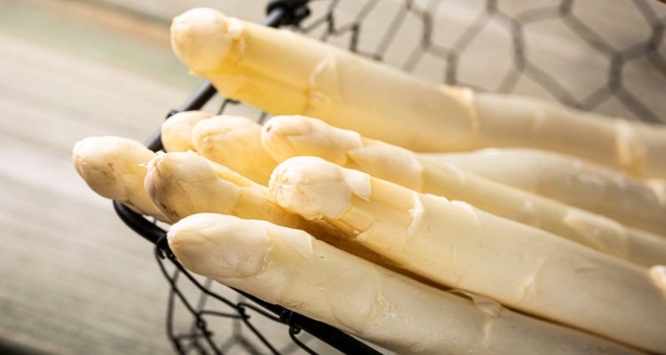 Spring season, new harvest of Dutch, German white asparagus. Healthy food concept with copy space. Selective focus.