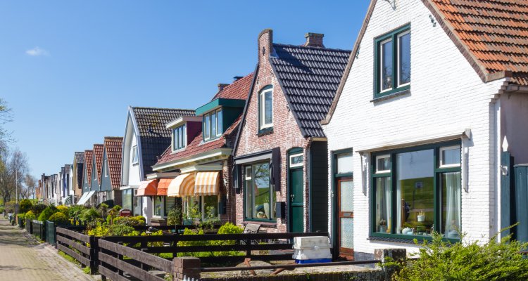 Village Oudeschild with a row of  trraditional fisherman houses on Texel island in the Netherlands